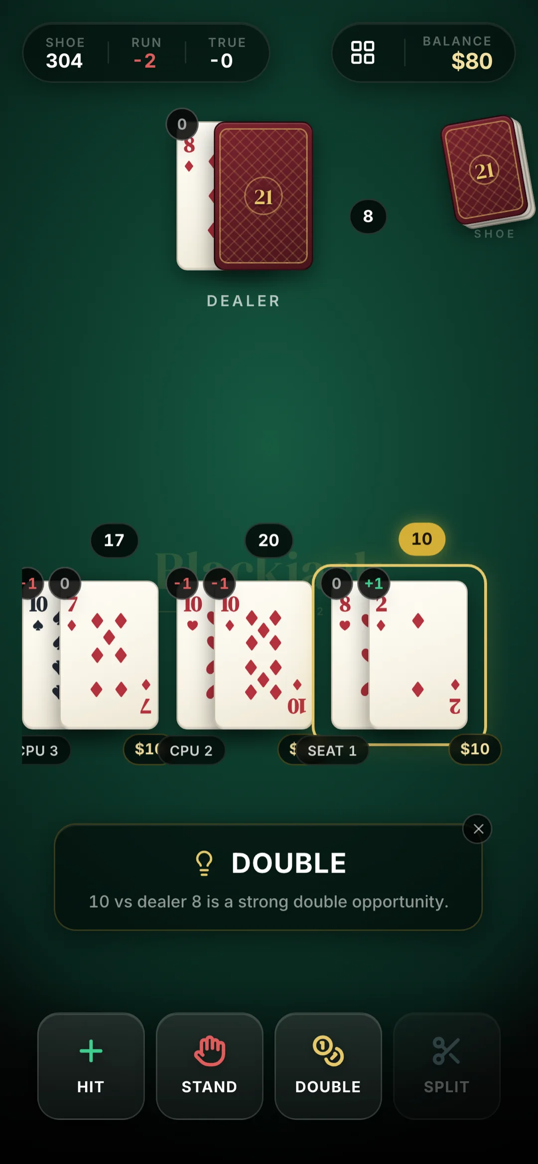 Game table with strategy coach recommending Double