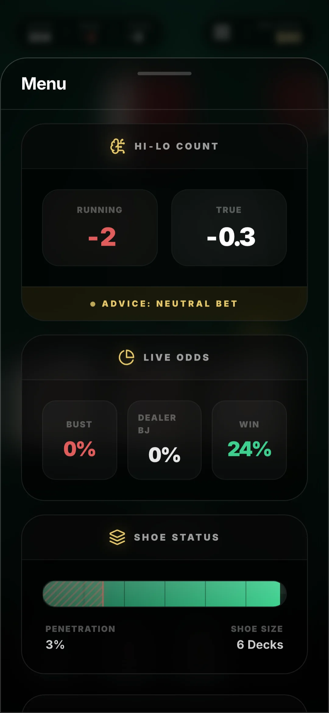 Hi-Lo count, live odds and shoe status