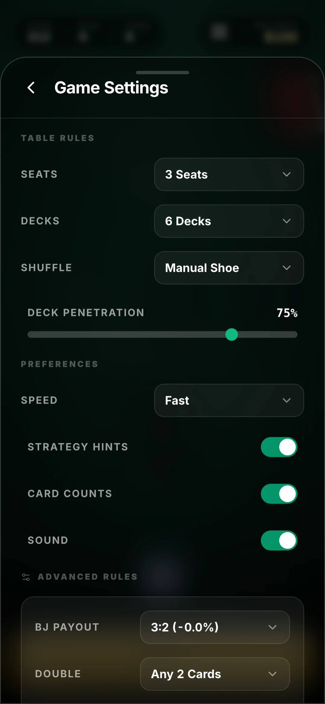 Game settings and table rules
