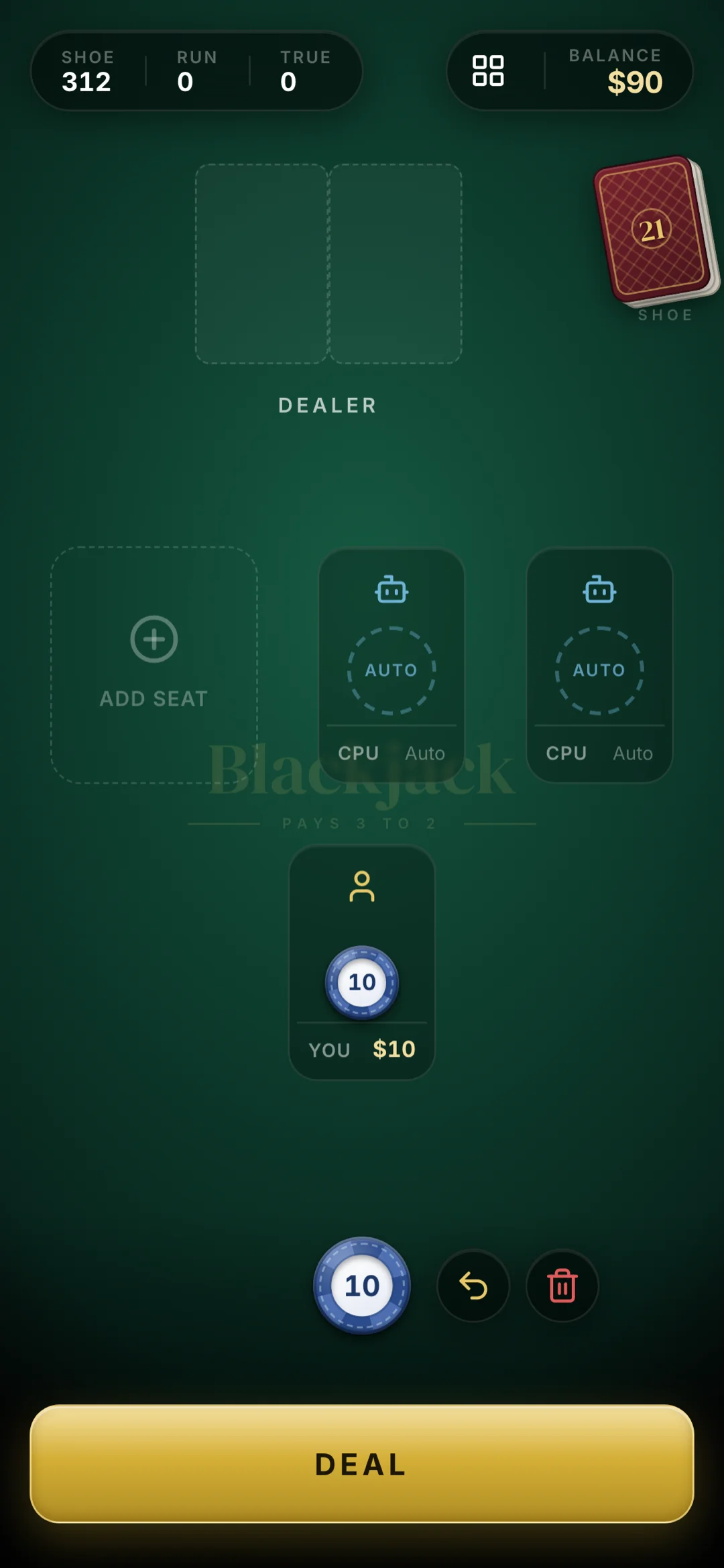 Multi-seat betting with chips and CPU players